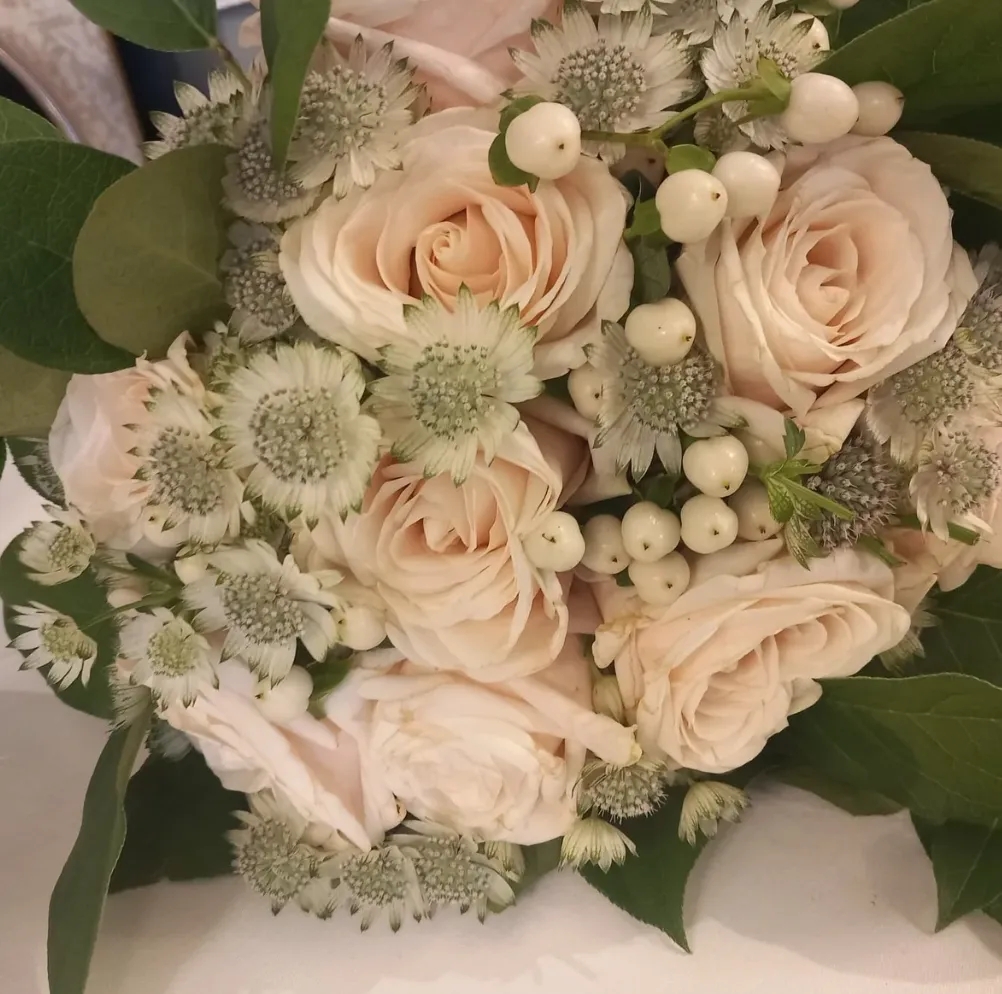 Light Pink Roses, White Hypericum and White Berries